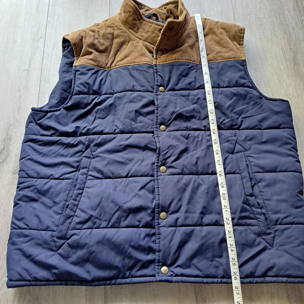 J.Crew Men's Puffer Vest Navy‎ Blue with Brown Corduroy Trim Size XL